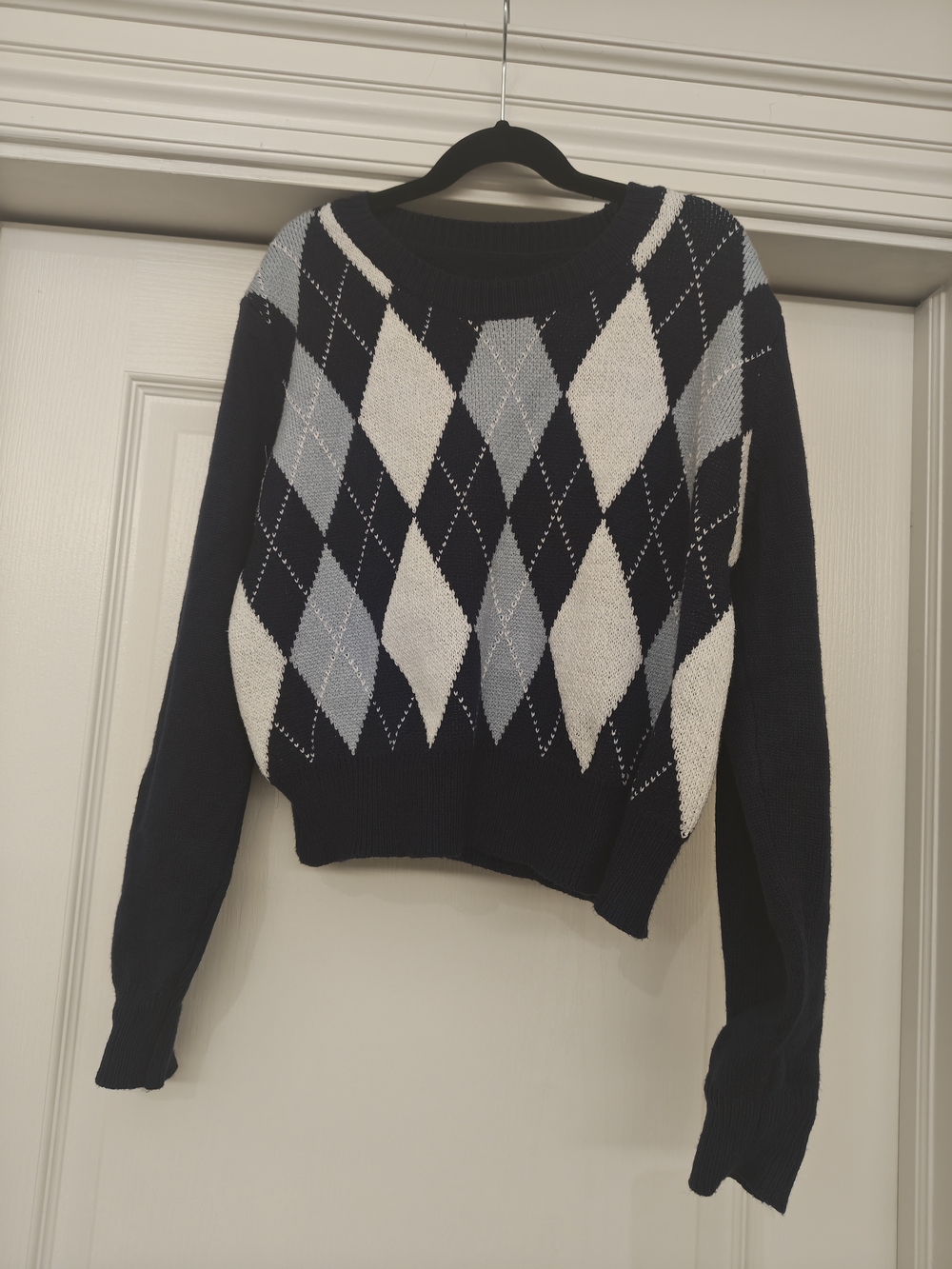 SHEIN Navy Argyle Crewneck Sweater with Light Blue and White Diamonds
